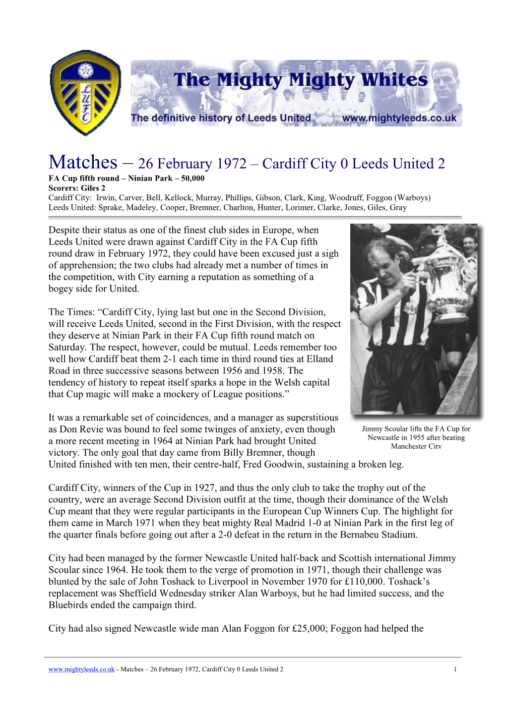 Matches – 26 February 1972 – Cardiff City 0 Leeds United 2