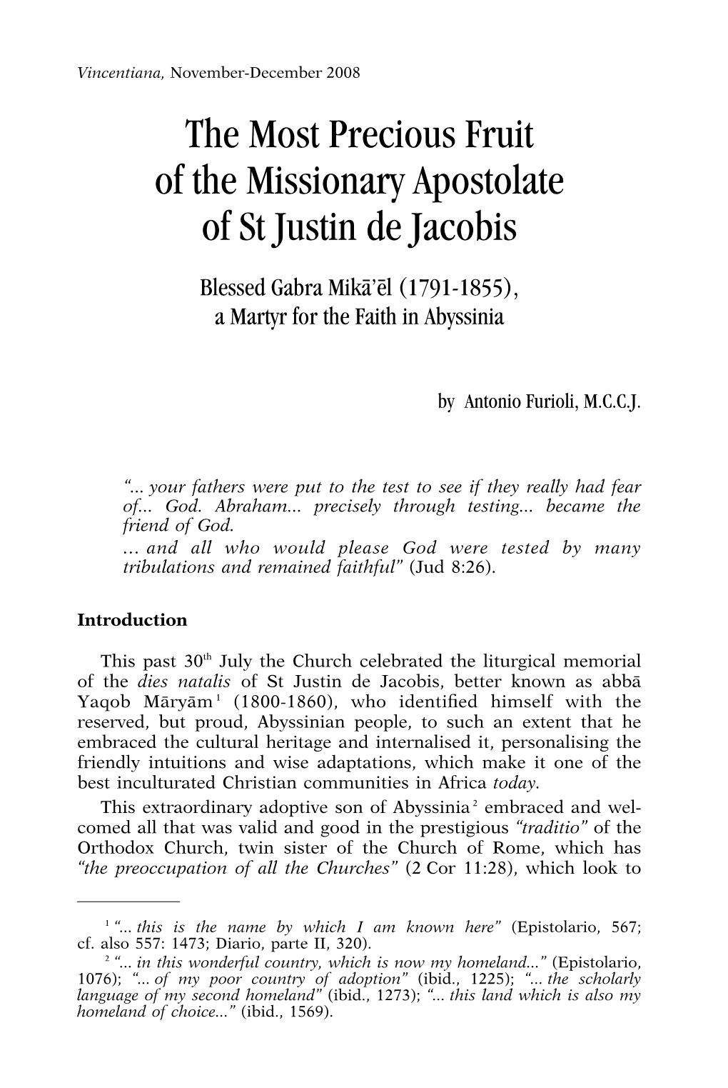 The Most Precious Fruit of the Missionary Apostolate of St Justin De Jacobis