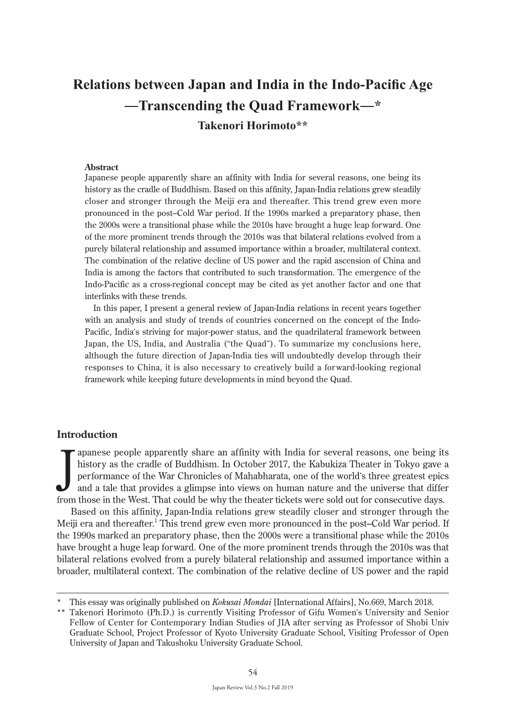 Relations Between Japan and India in the Indo-Pacific Age —Transcending the Quad Framework—