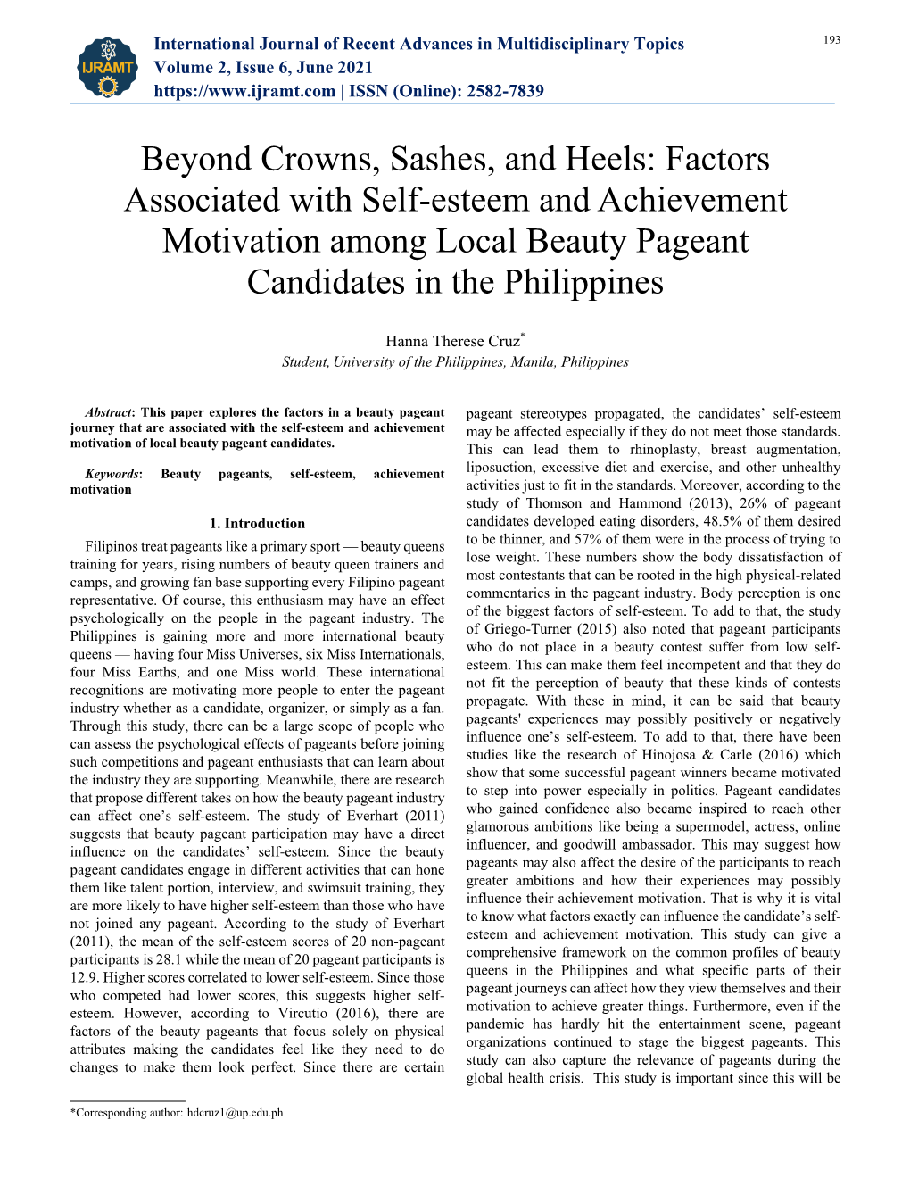 Factors Associated with Self-Esteem and Achievement Motivation Among Local Beauty Pageant Candidates in the Philippines