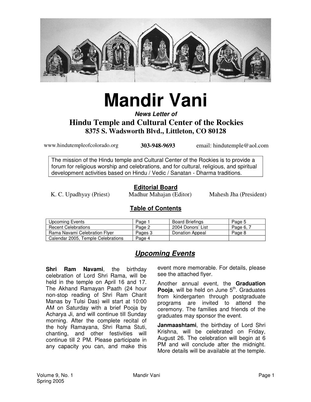 Mandir Vani News Letter of Hindu Temple and Cultural Center of the Rockies 8375 S