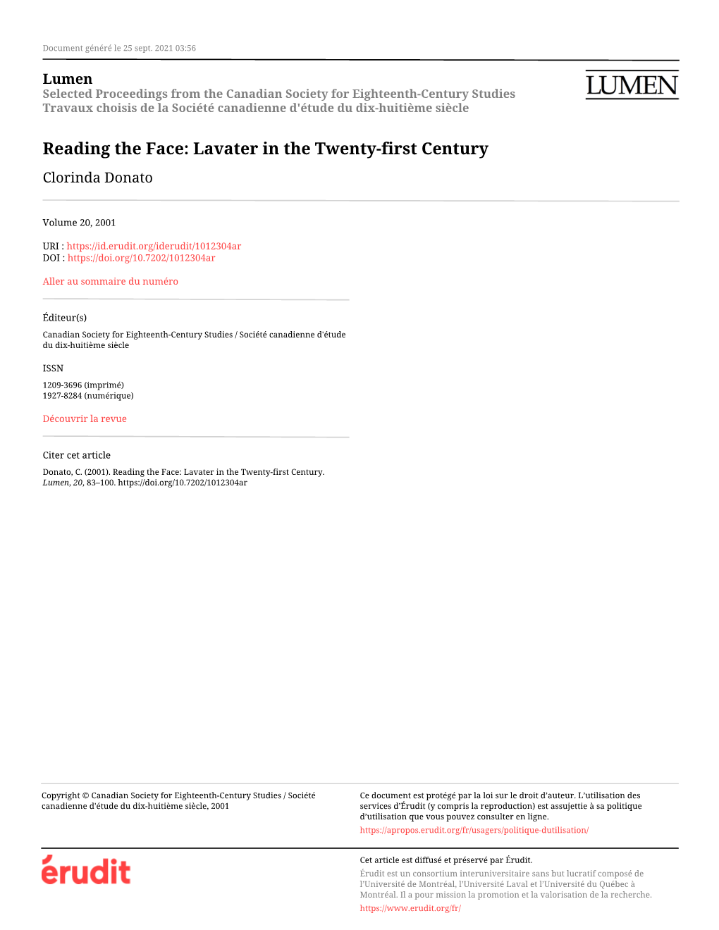 Reading the Face: Lavater in the Twenty-First Century Clorinda Donato