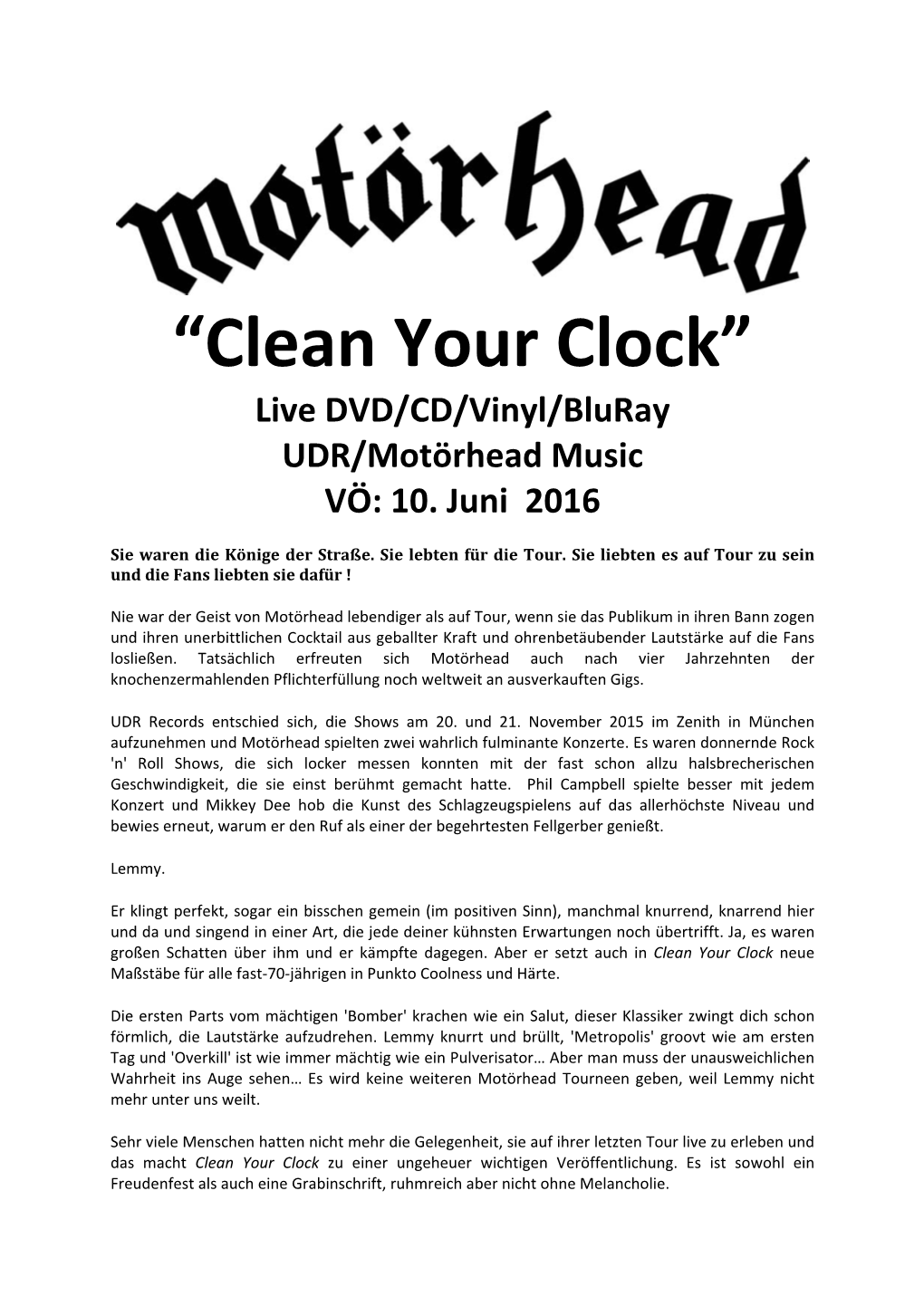 “Clean Your Clock” Live DVD/CD/Vinyl/Bluray UDR/Motörhead Music VÖ: 10