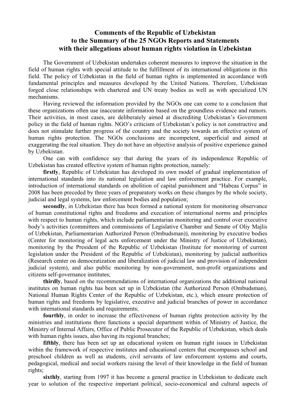 Comments of the Republic of Uzbekistan to the Summary of the 25 Ngos Reports and Statements with Their Allegations About Human Rights Violation in Uzbekistan