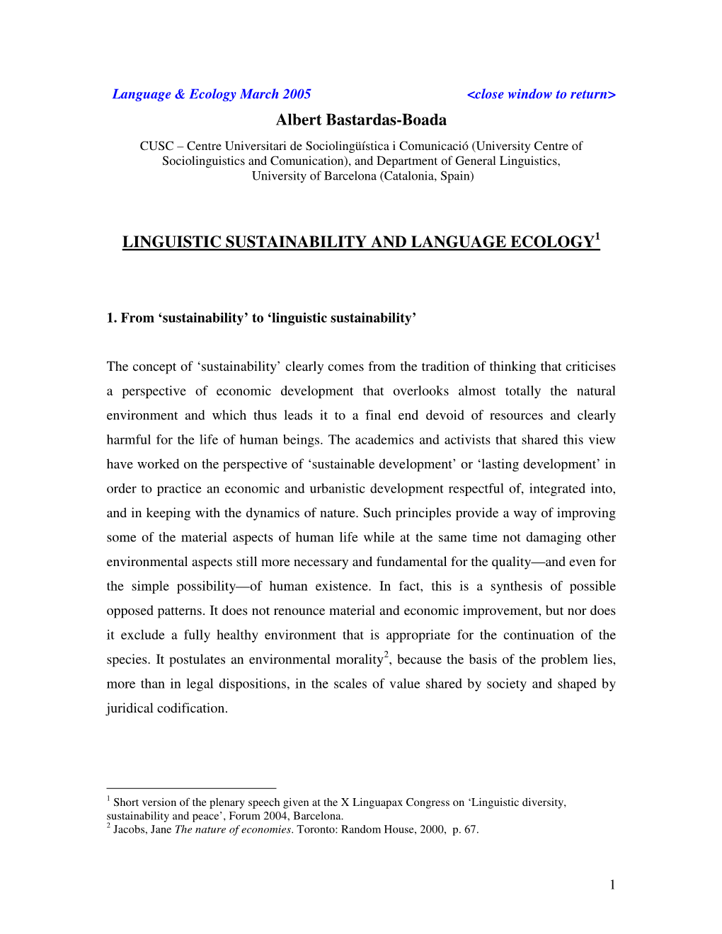 Albert Bastardas-Boada LINGUISTIC SUSTAINABILITY and LANGUAGE