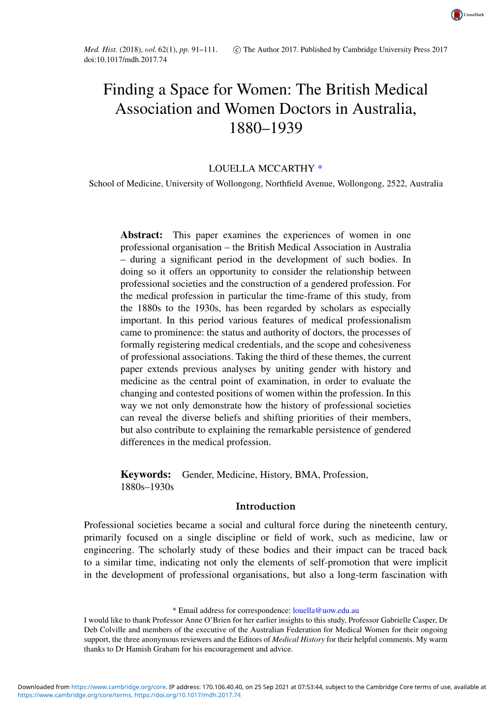 The British Medical Association and Women Doctors in Australia, 1880–1939