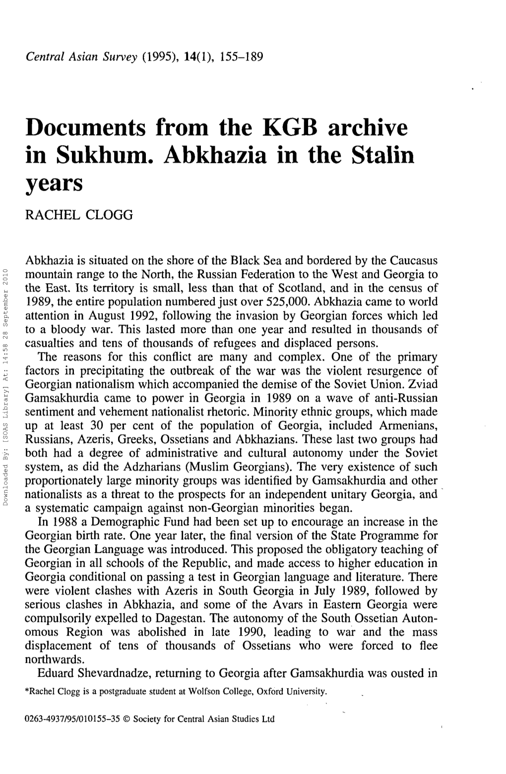 Documents from the KGB Archive in Sukhum. Abkhazia in the Stalin Years RACHEL CLOGG