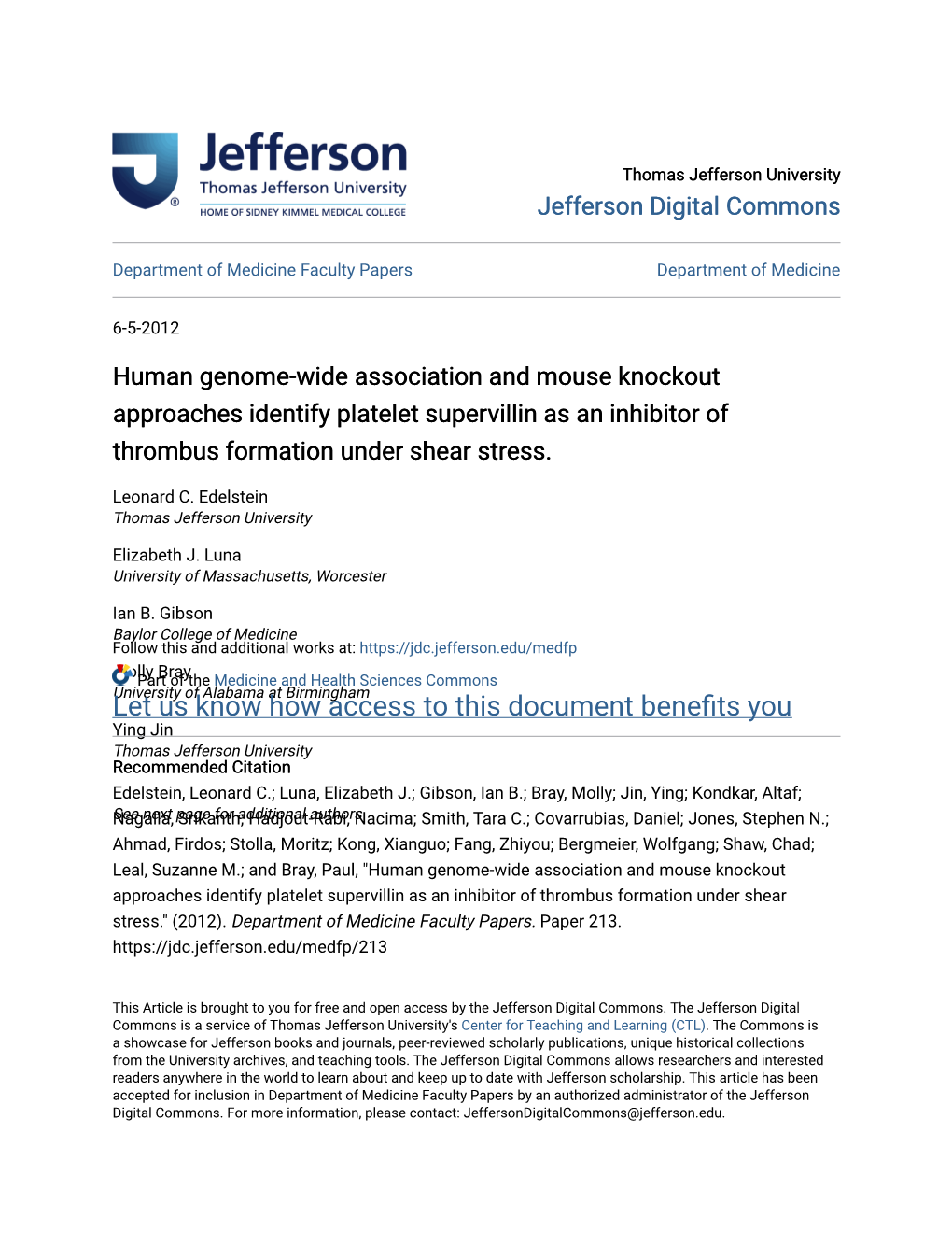 Human Genome-Wide Association and Mouse Knockout Approaches Identify Platelet Supervillin As an Inhibitor of Thrombus Formation Under Shear Stress