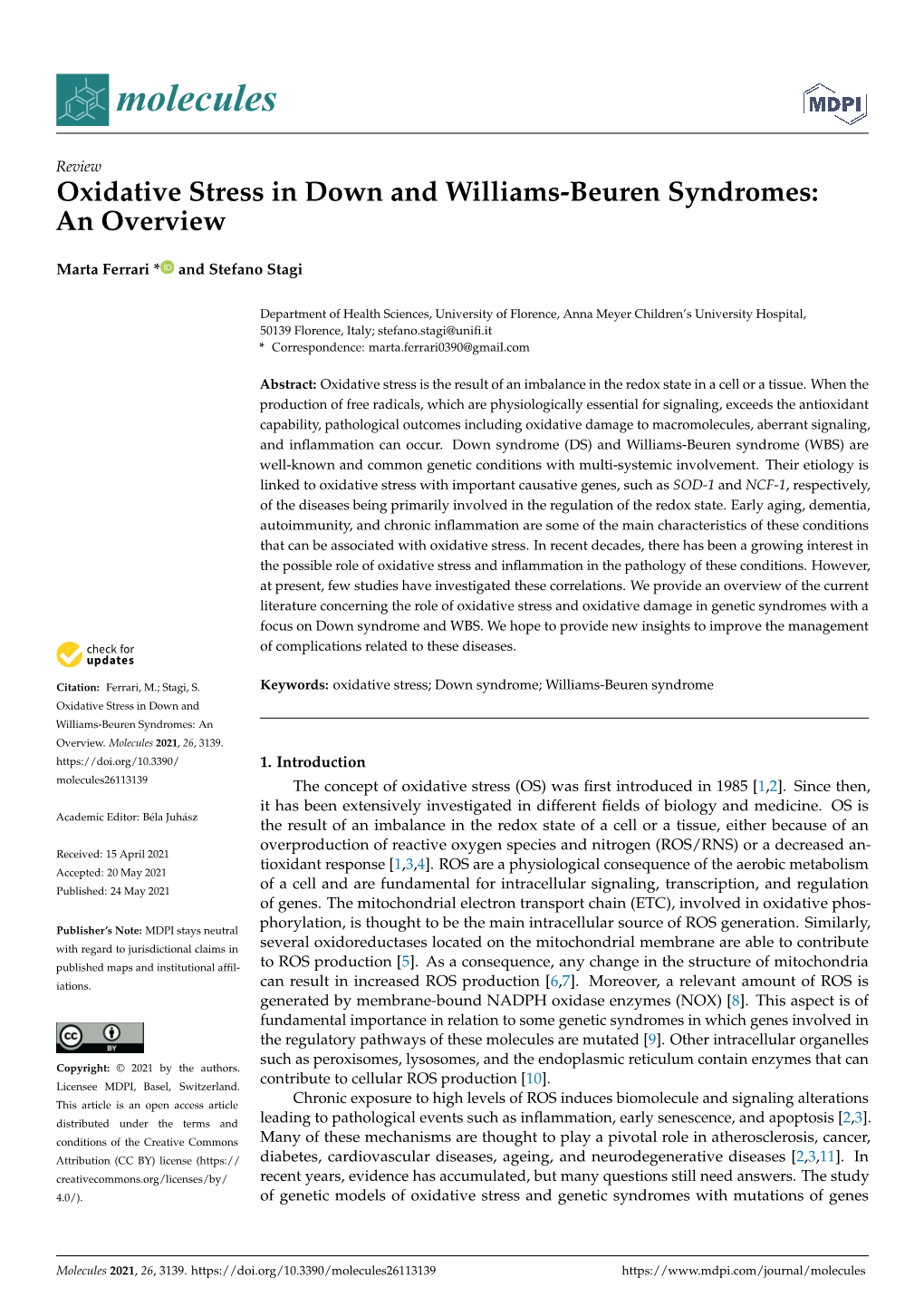 Oxidative Stress in Down and Williams-Beuren Syndromes: an Overview