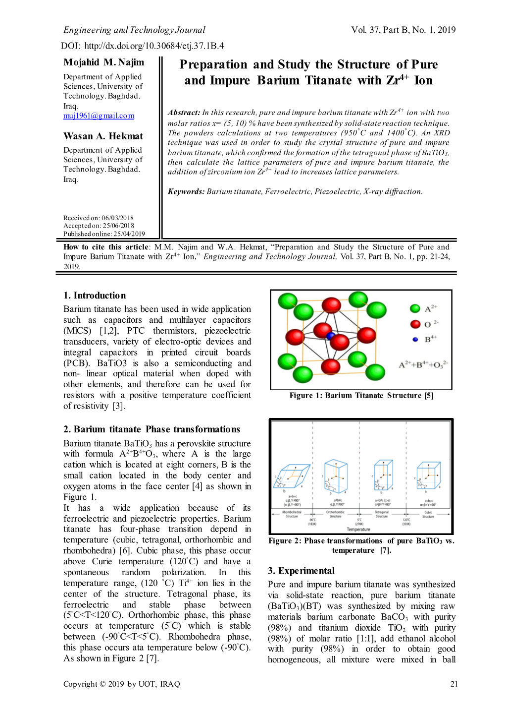 Preparation and Study the Structure of Pure and Impure Barium Titanate with Zr4+ Ion,” Engineering and Technology Journal, Vol