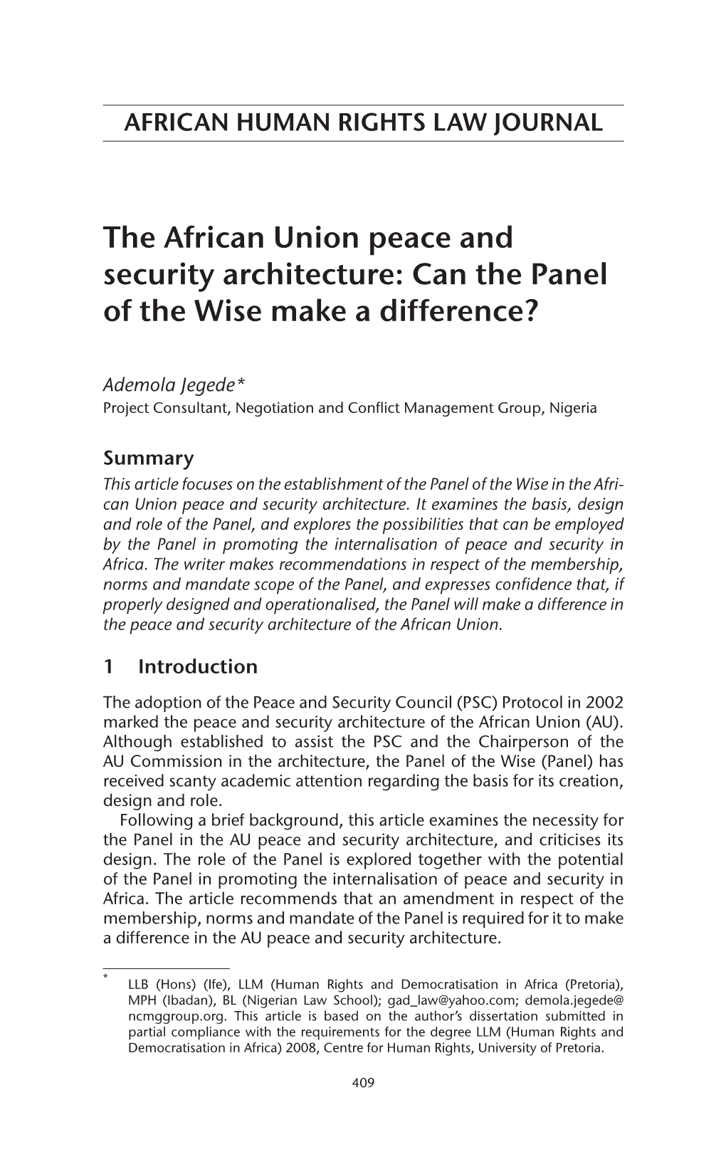 The African Union Peace and Security Architecture: Can the Panel of the Wise Make a Difference?