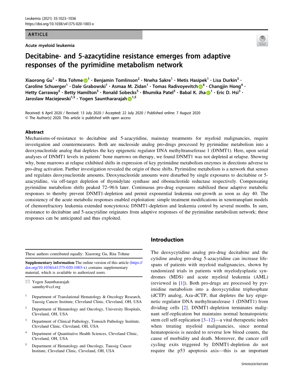 Decitabine- and 5-Azacytidine Resistance Emerges from Adaptive Responses of the Pyrimidine Metabolism Network