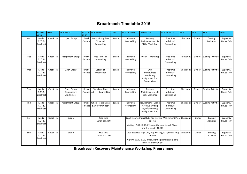 Broadreach Recovery Maintenance Workshop Programme