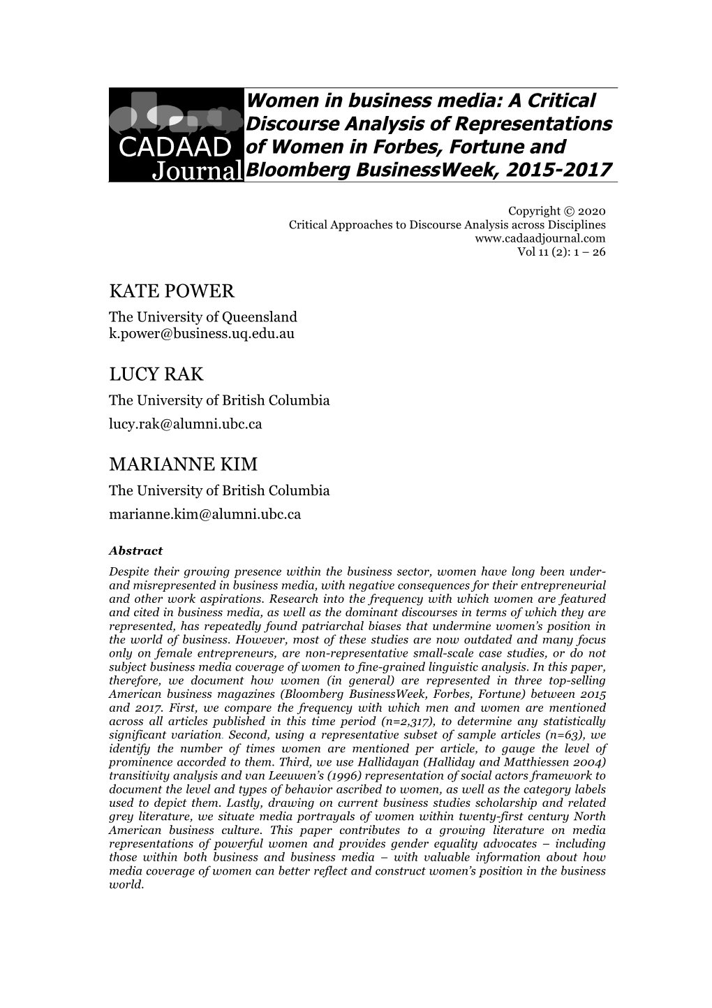 Women in Business Media: a Critical Discourse Analysis of Representations of Women in Forbes, Fortune and Bloomberg Businessweek, 2015-2017