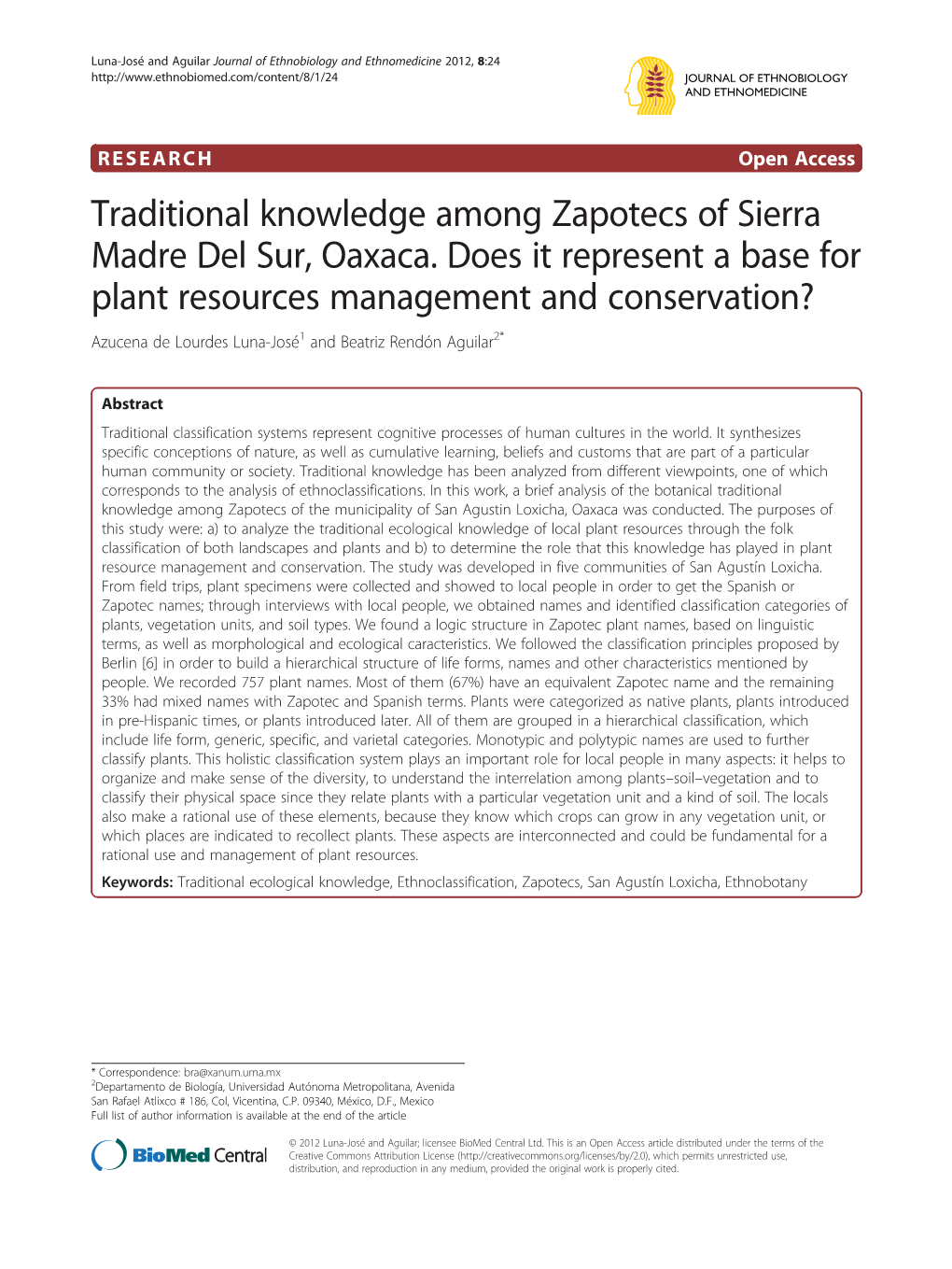 Traditional Knowledge Among Zapotecs of Sierra Madre Del Sur, Oaxaca