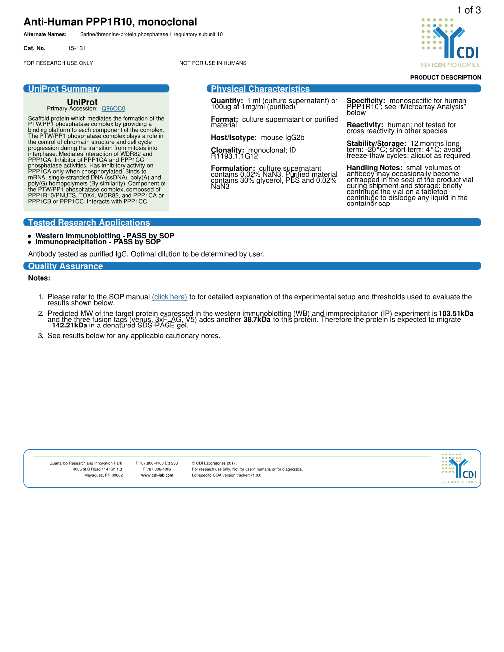 Anti-Human PPP1R10, Monoclonal Alternate Names: Serine/Threonine-Protein Phosphatase 1 Regulatory Subunit 10