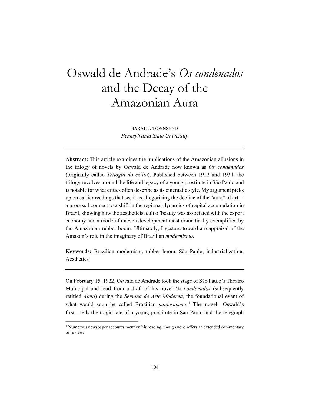 Oswald De Andrade's Os Condenados and the Decay of the Amazonian Aura