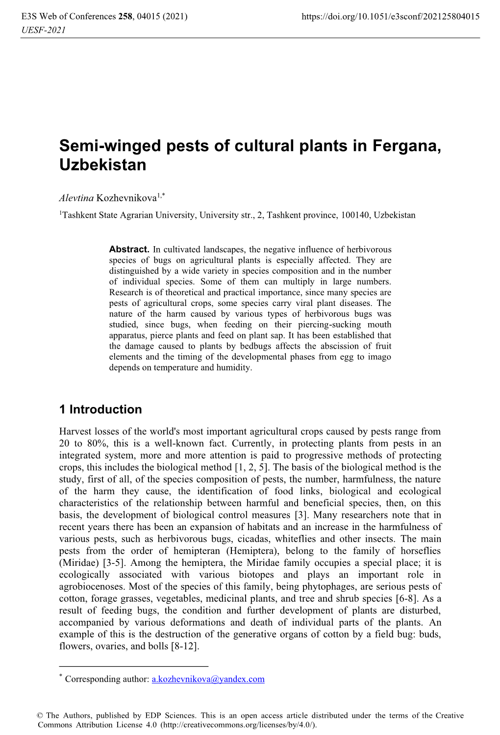 Semi-Winged Pests of Cultural Plants in Fergana, Uzbekistan