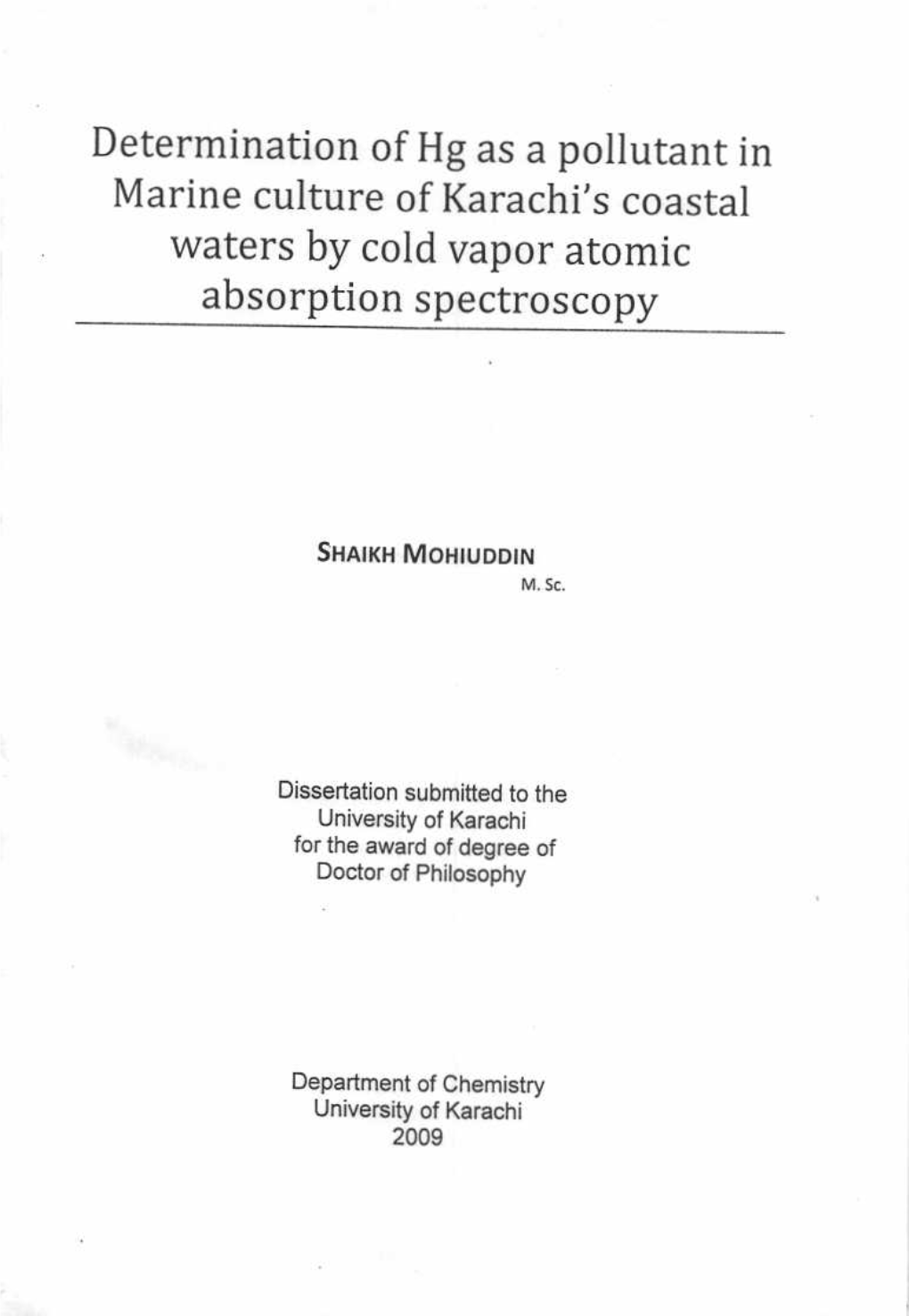 Determination of Hg As a Pollutant in Marine Culture of Karachi's Coastal Waters by Cold Vapor Atomic Absorption Spectroscopy