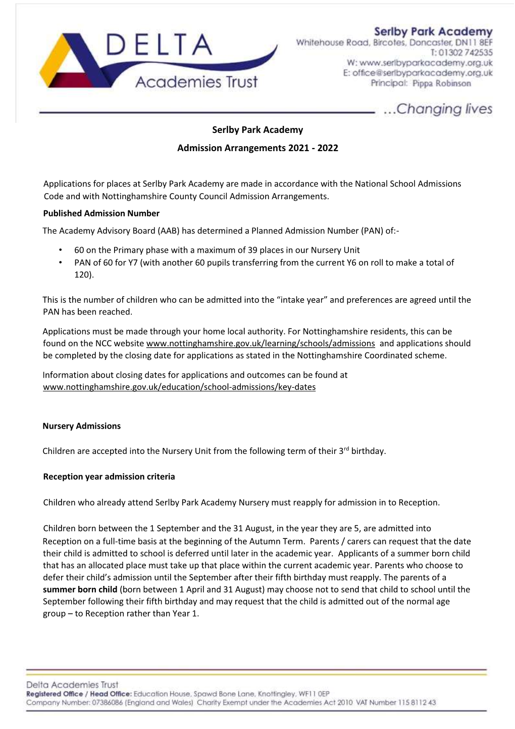 Serlby Park Academy Admission Arrangements 2021 - 2022