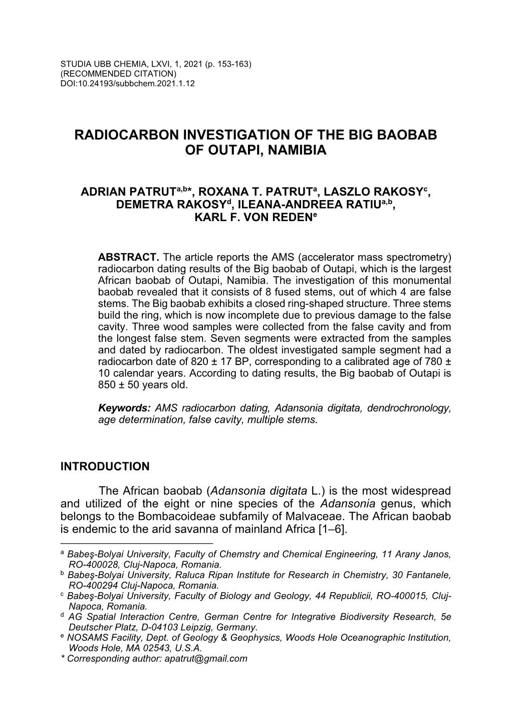 Radiocarbon Investigation of the Big Baobab of Outapi, Namibia