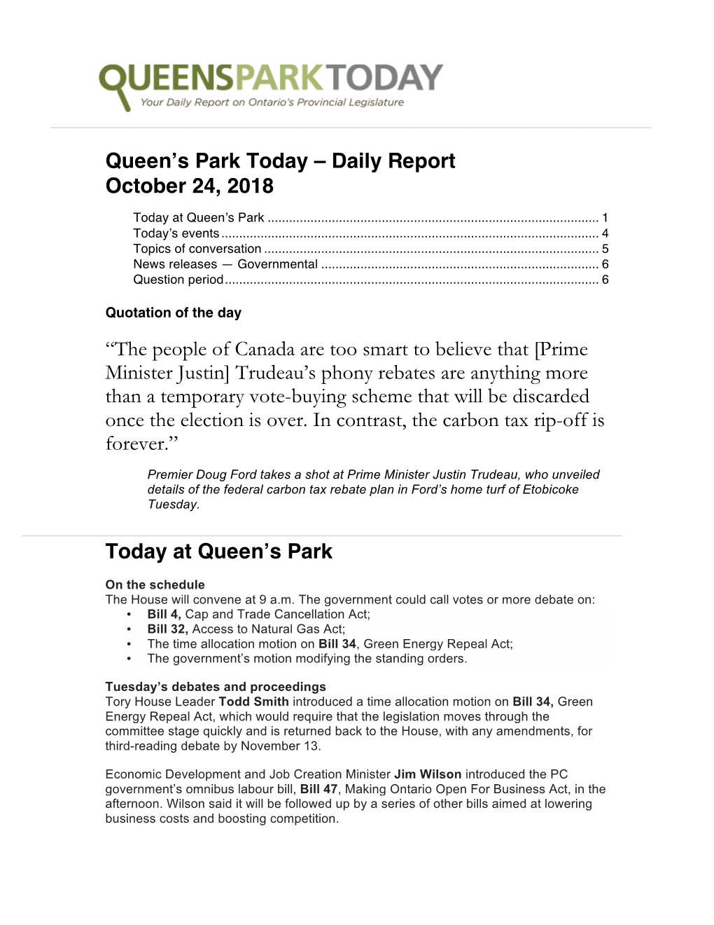 Queen's Park Today – Daily Report October 24, 2018