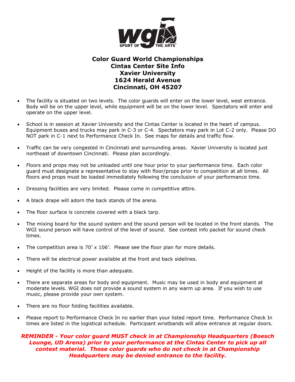 Color Guard World Championships Cintas Center Site Info Xavier University 1624 Herald Avenue Cincinnati, OH 45207