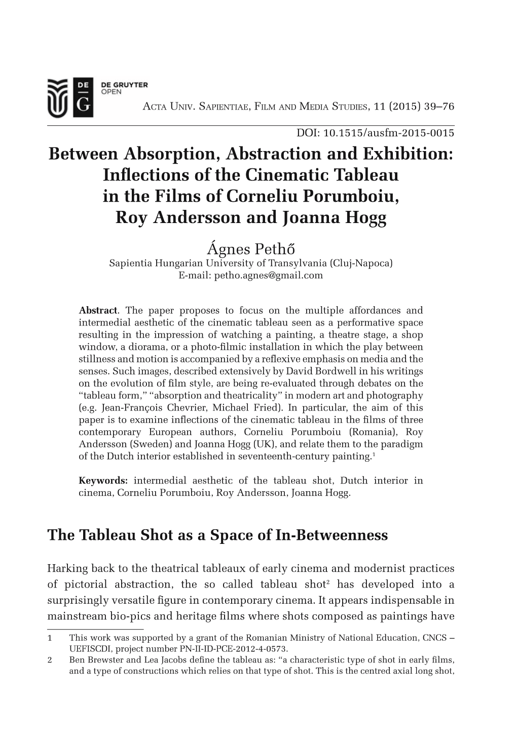 Nmections of the #INEMATIC 4ABLEAU in the Films of Corneliu