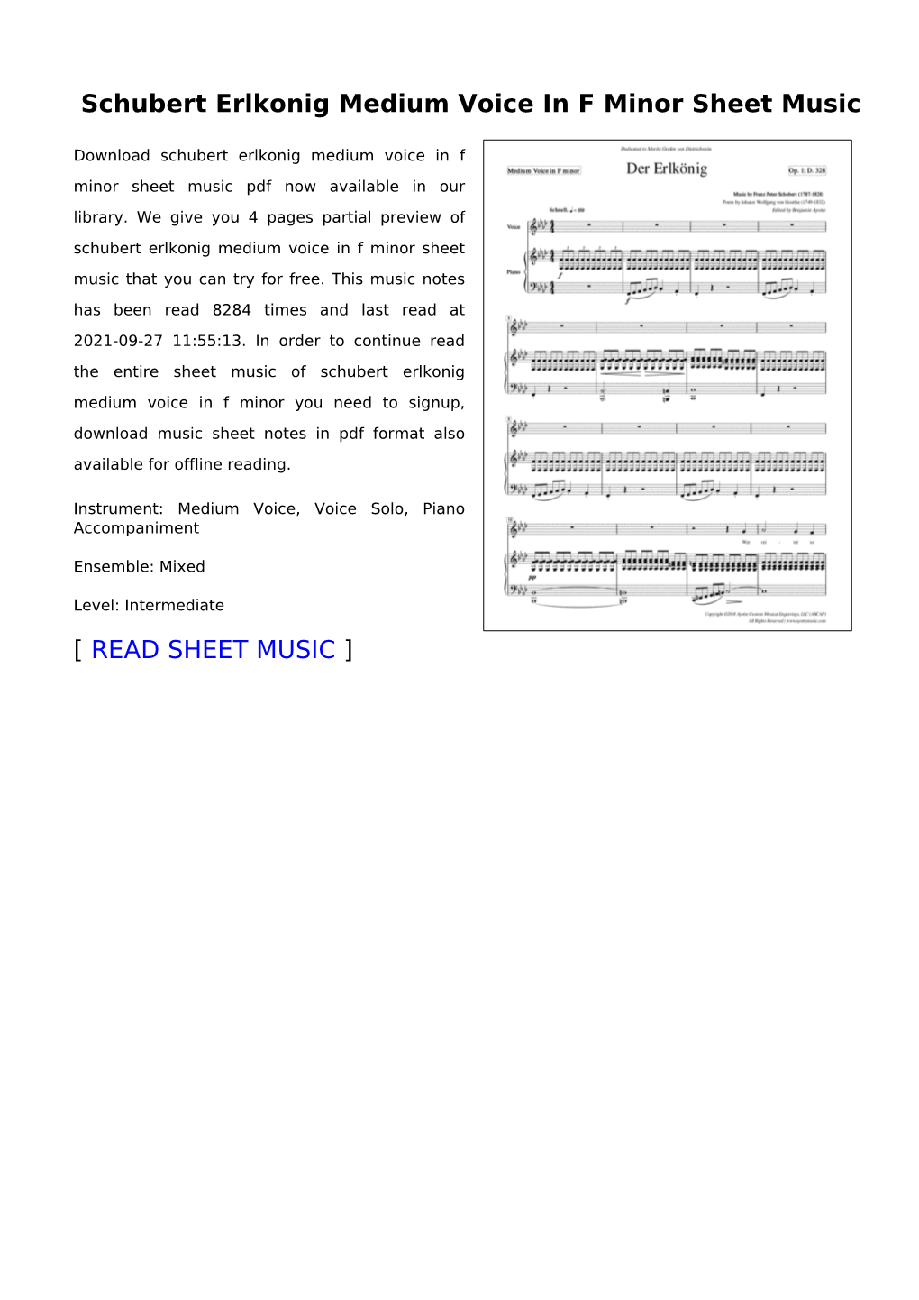 Schubert Erlkonig Medium Voice in F Minor Sheet Music