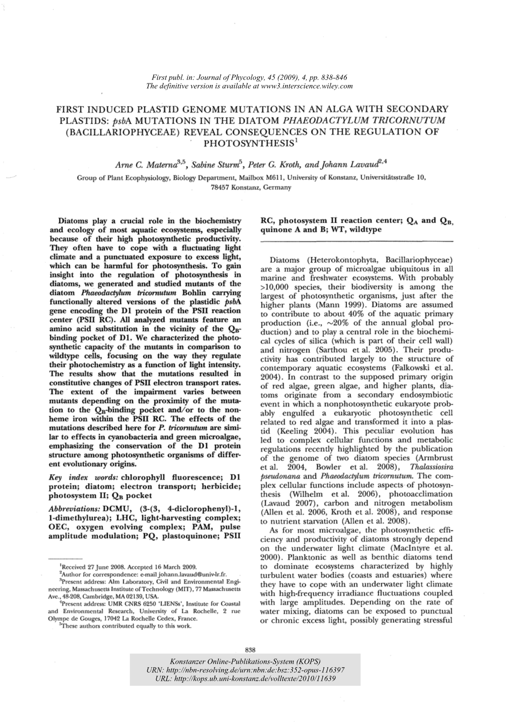 Psba MUTATIONS in the DIATOM PHAEODACTYLUM TRICORNUTUM (BACILLARIOPHYCEAE) REVEAL CONSEQUENCES on the REGULATION of PHOTOSYNTHESIS1