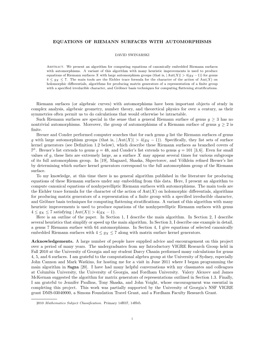 Equations of Riemann Surfaces with Automorphisms