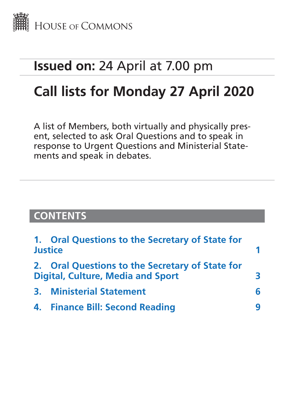 Call Lists for Monday 27 April 2020