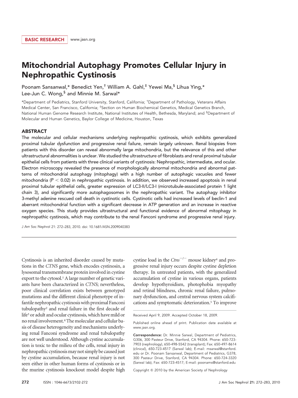 Mitochondrial Autophagy Promotes Cellular Injury in Nephropathic Cystinosis