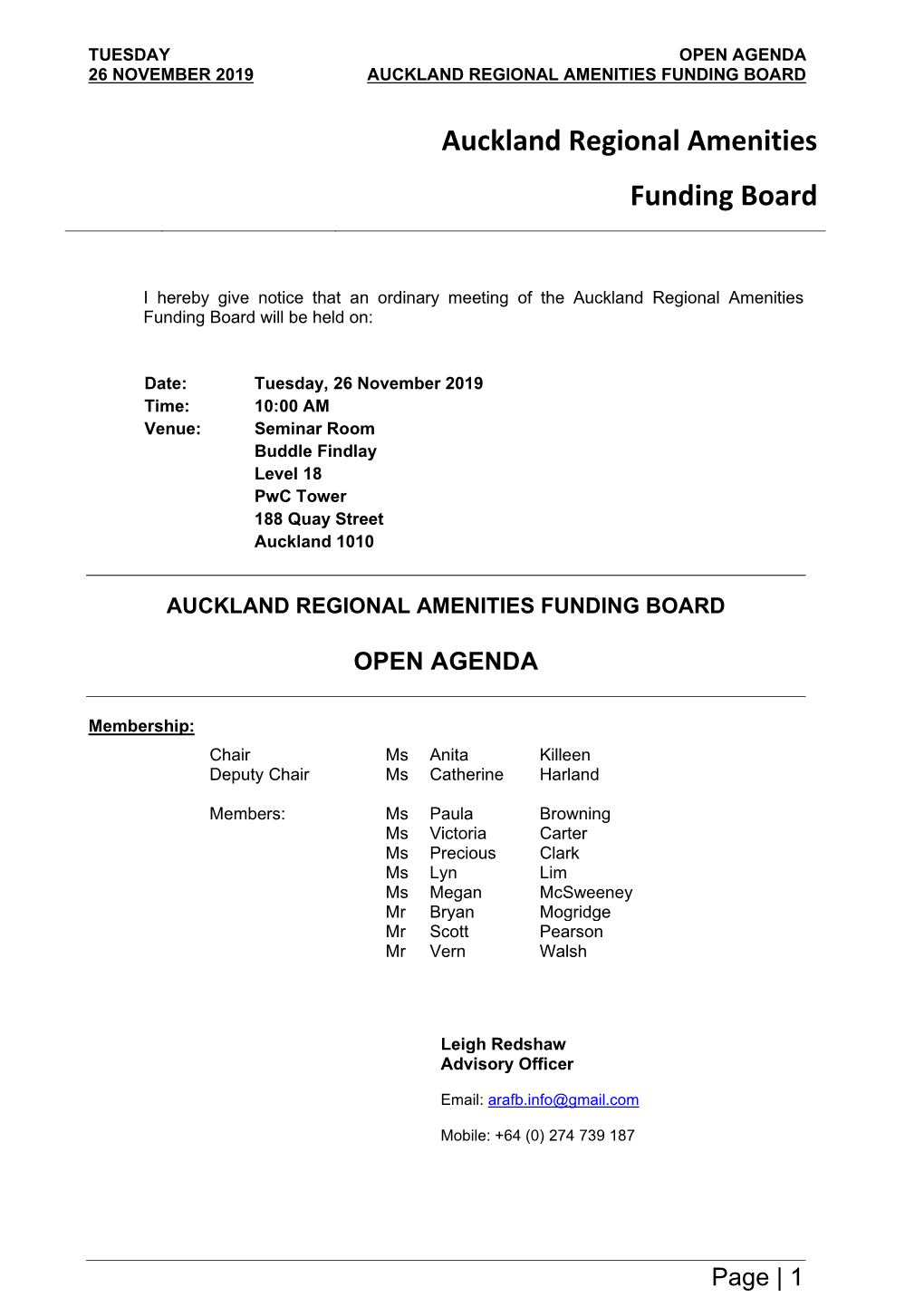 Auckland Regional Amenities Funding Board Open Agenda 26 November 2019