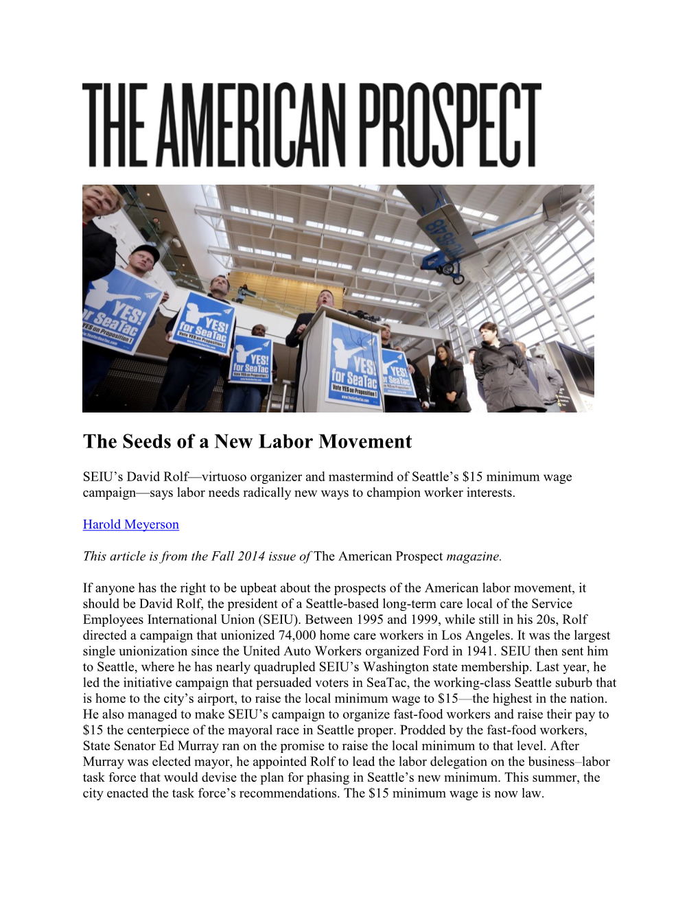 American Prospect Article: the Seeds of a New Labor Movement