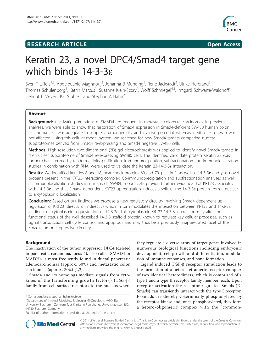 Keratin 23, a Novel DPC4/Smad4 Target Gene Which Binds 14-3-3Ε