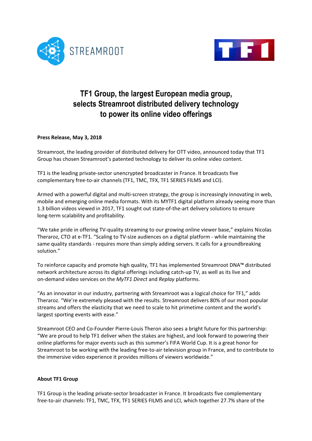 TF1 Group, the Largest European Media Group, Selects Streamroot Distributed Delivery Technology to Power Its Online Video Offerings