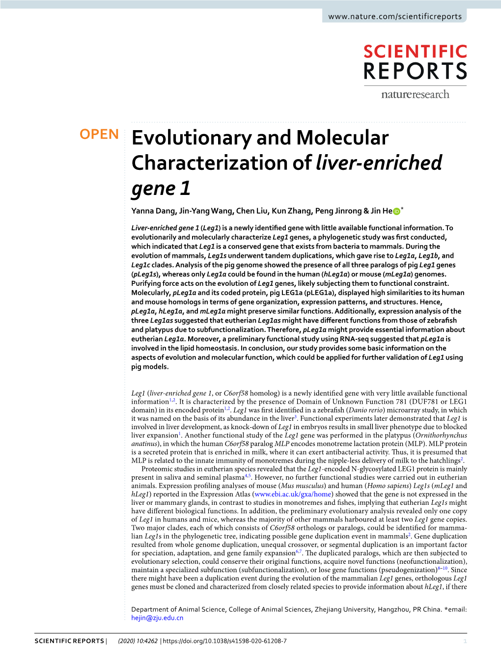 Evolutionary and Molecular Characterization of Liver-Enriched Gene 1 Yanna Dang, Jin-Yang Wang, Chen Liu, Kun Zhang, Peng Jinrong & Jin He *
