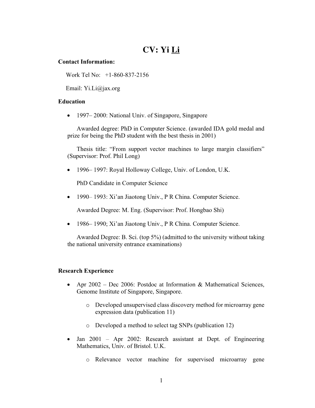 CV: Yi Li Contact Information