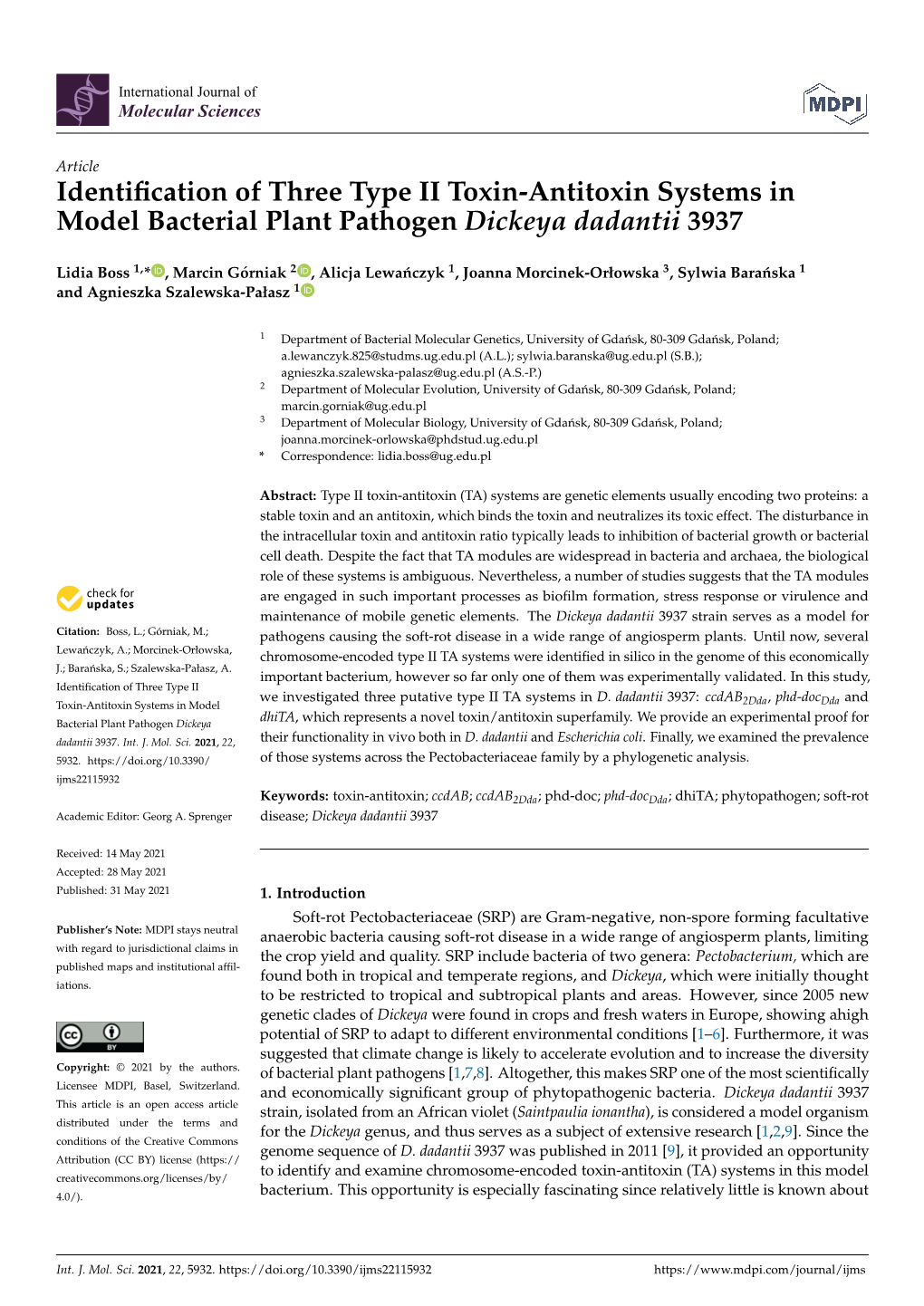 Identification of Three Type II Toxin-Antitoxin Systems in Model Bacterial Plant Pathogen Dickeya Dadantii 3937
