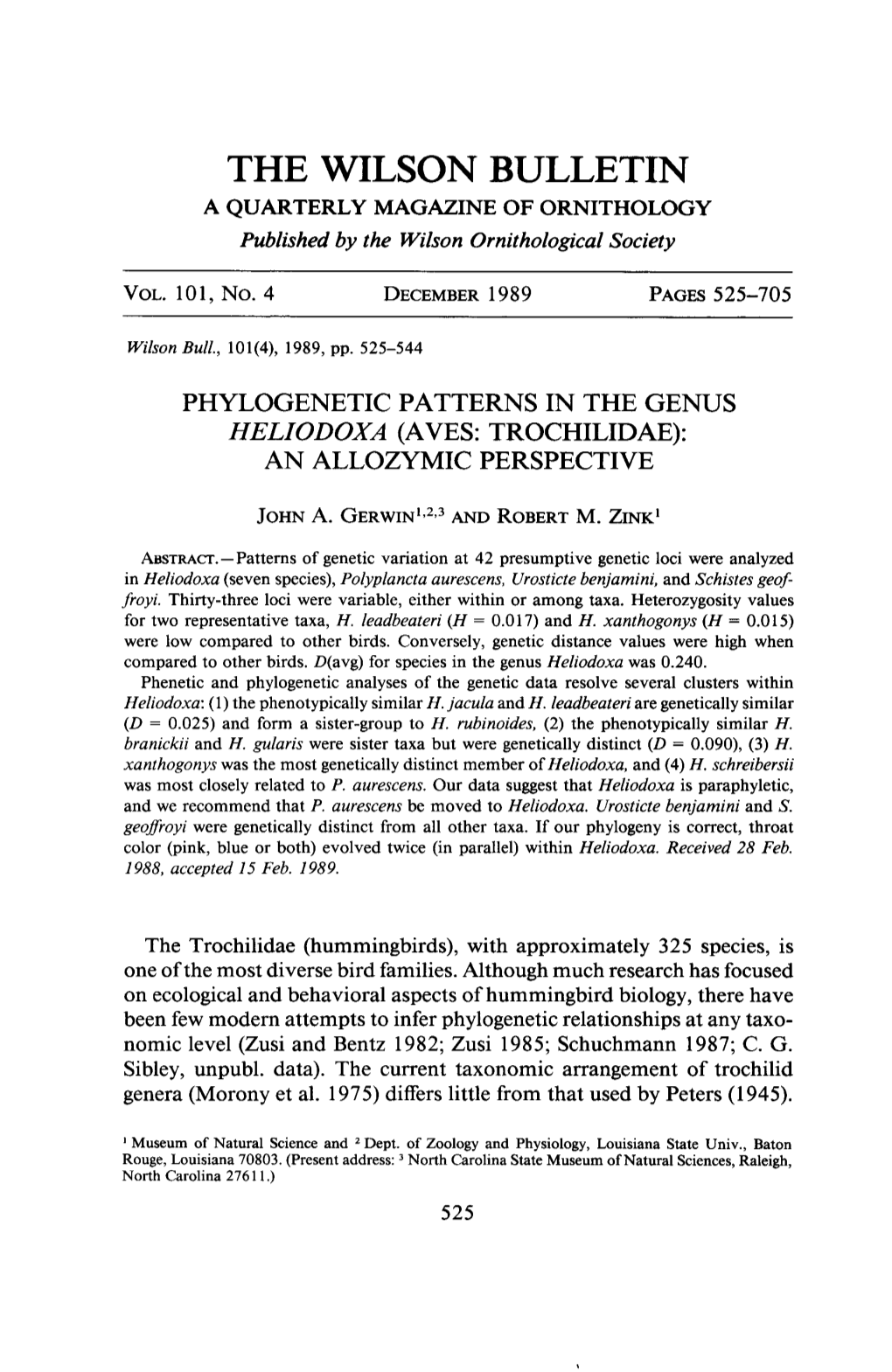 Phylogenetic Patterns in the Genus Heliodoxa (Aves: Trochilidae): an Allozymic Perspective