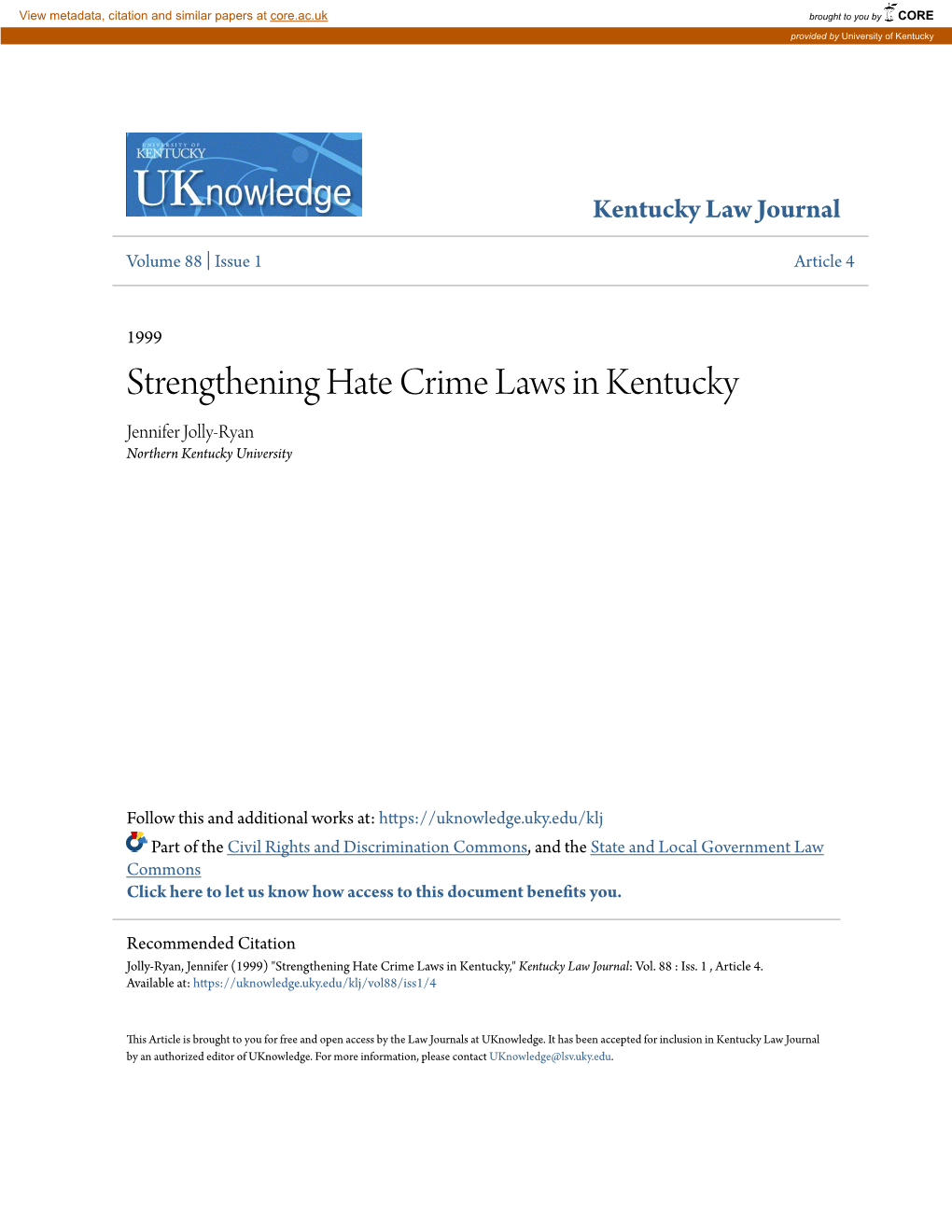 Strengthening Hate Crime Laws in Kentucky Jennifer Jolly-Ryan Northern Kentucky University