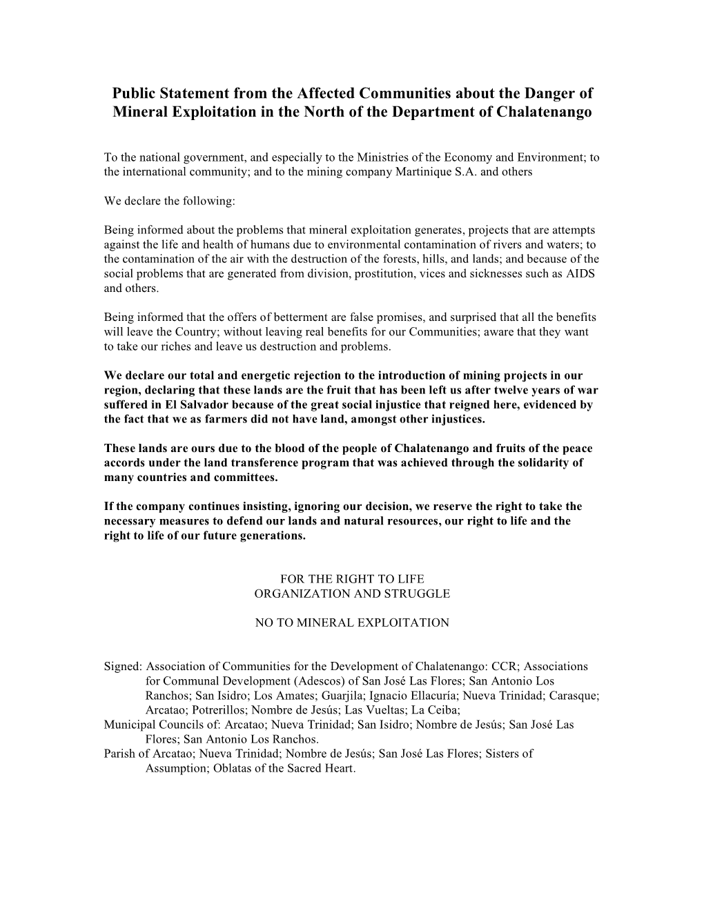 Public Statement from the Affected Communities About the Danger of Mineral Exploitation in the North of the Department of Chalatenango