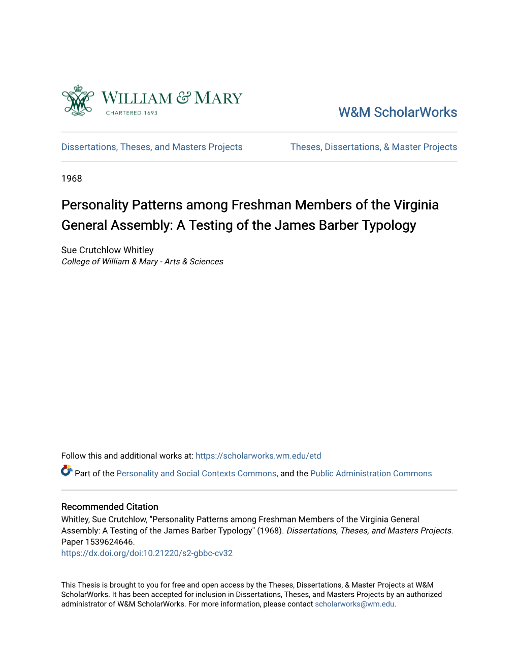 Personality Patterns Among Freshman Members of the Virginia General Assembly: a Testing of the James Barber Typology