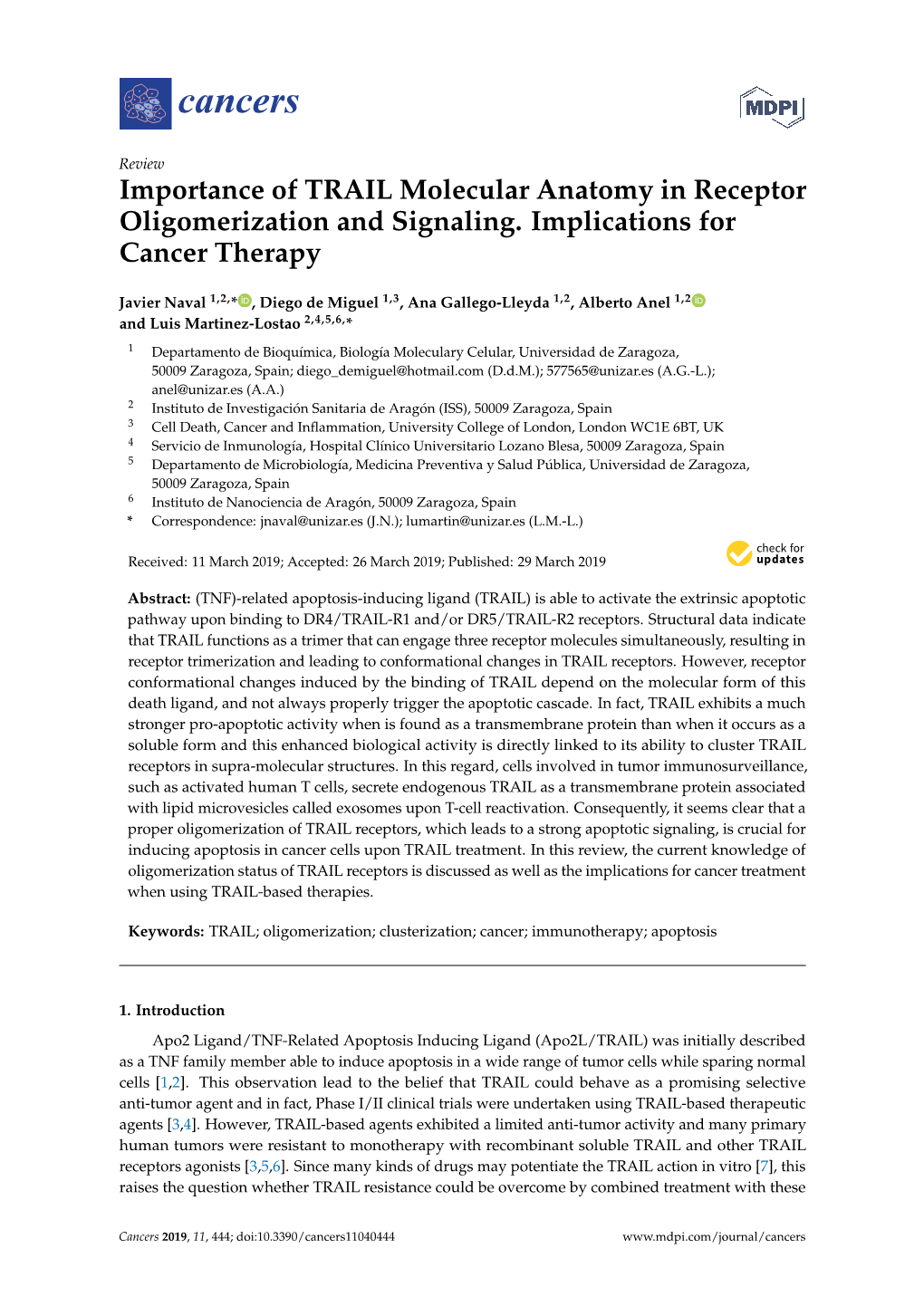 Importance of TRAIL Molecular Anatomy in Receptor Oligomerization and Signaling