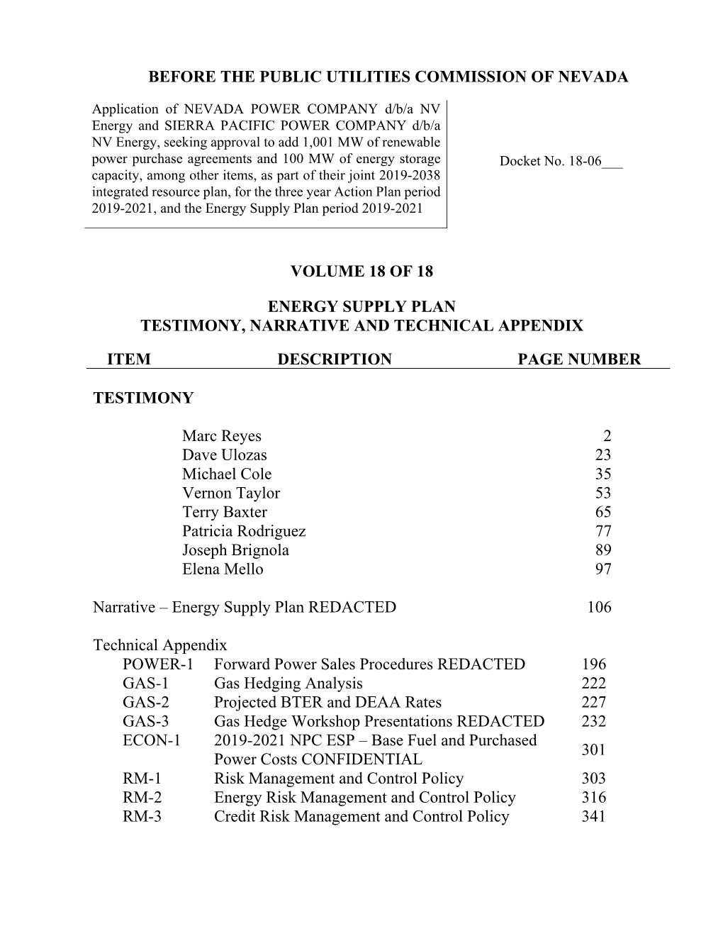 NV Energy IRP ENERGY SUPPLY PLAN TESTIMONY, NARRATIVE