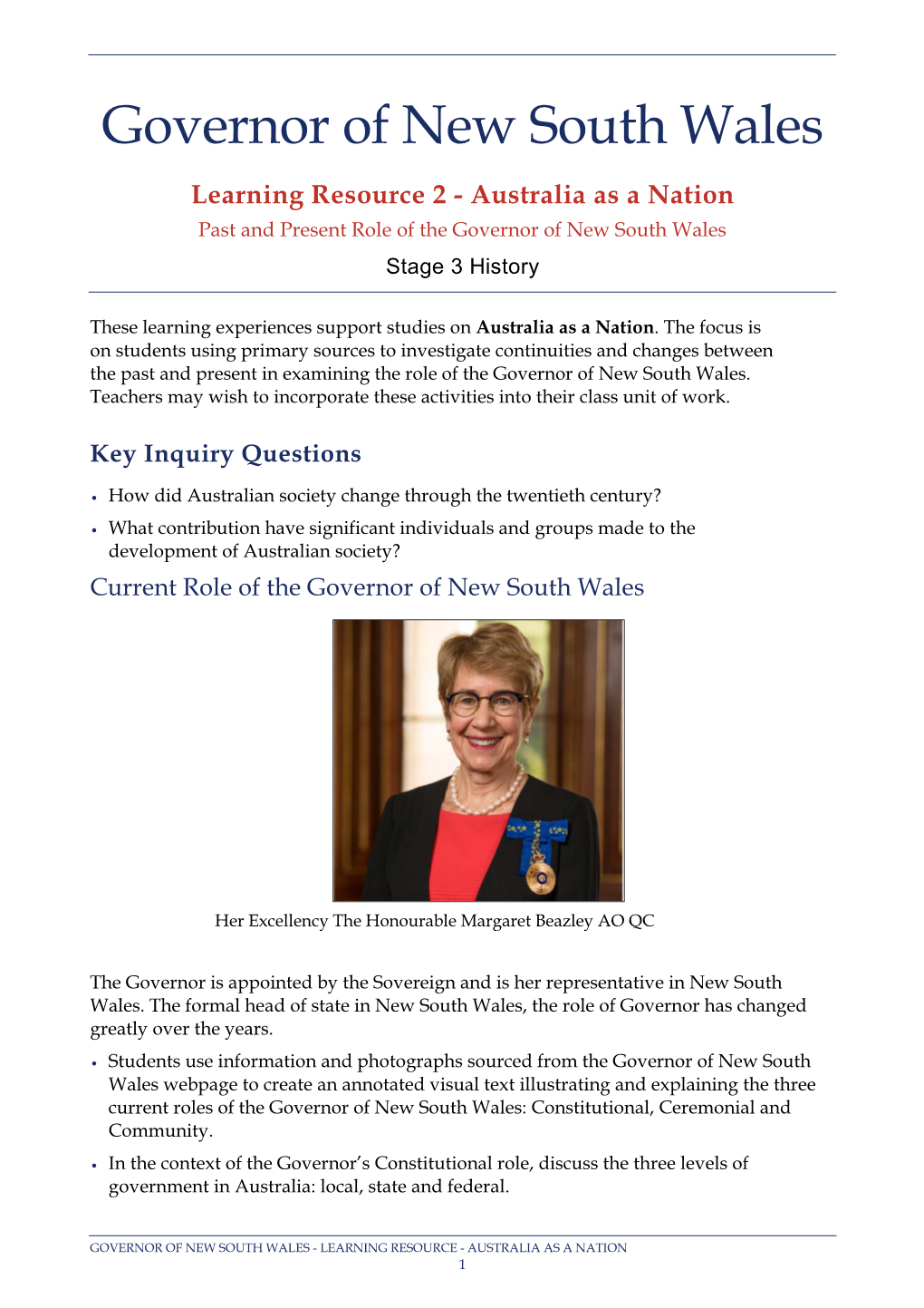 Learning Resource 2 - Australia As a Nation Past and Present Role of the Governor of New South Wales