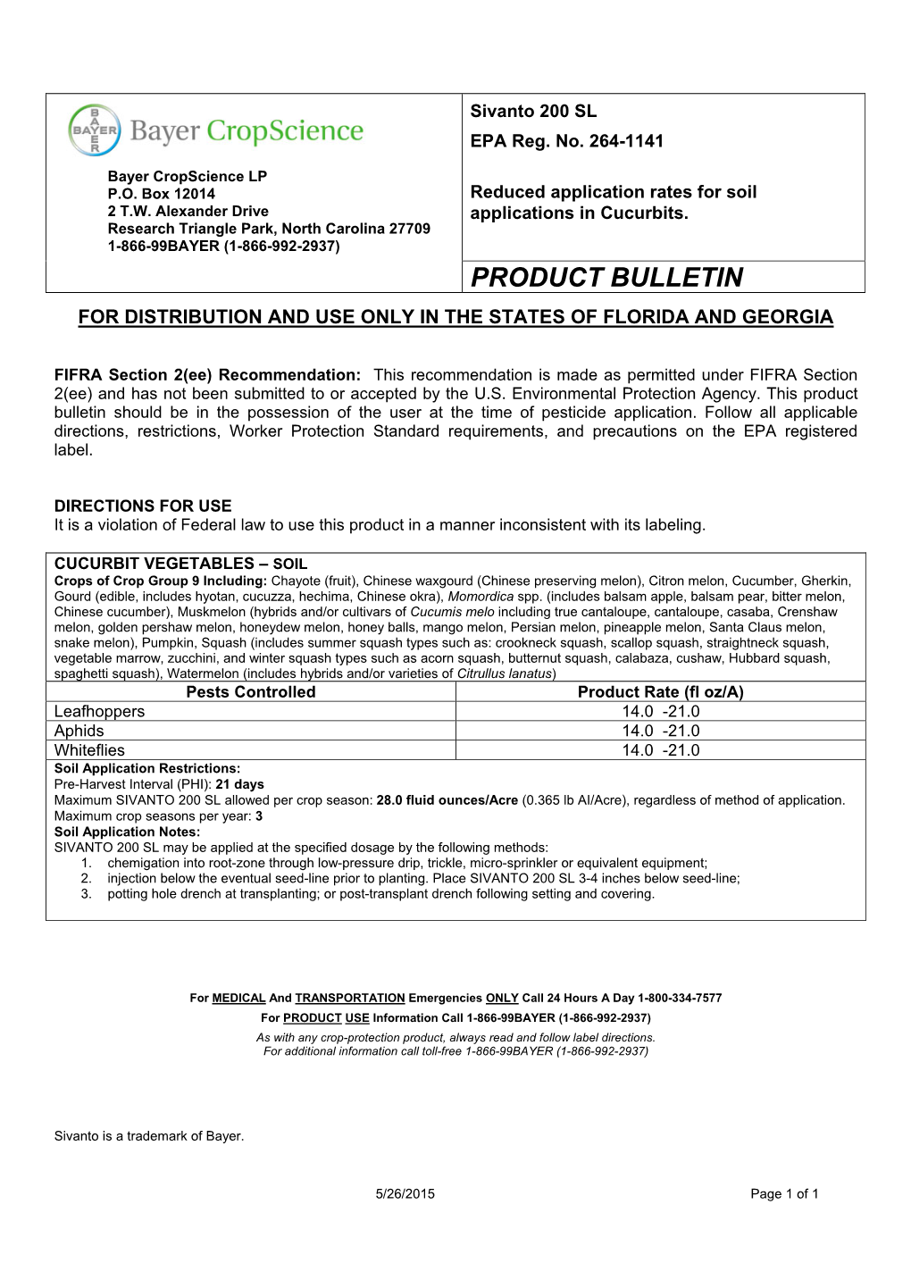 Product Bulletin for Distribution and Use Only in the States of Florida and Georgia