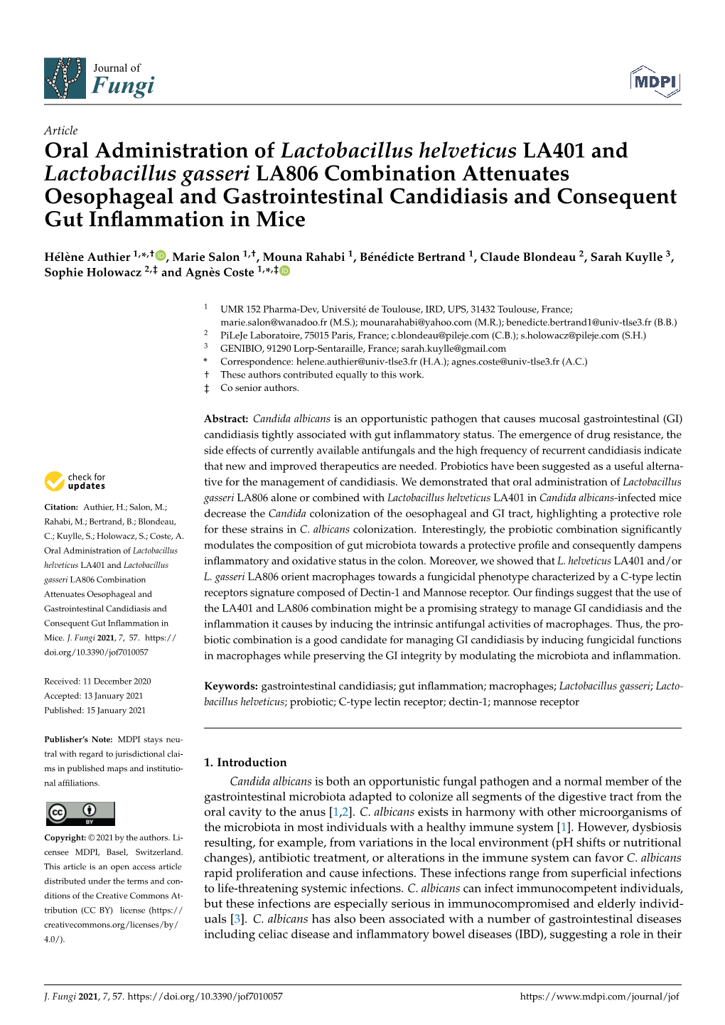 Oral Administration of Lactobacillus Helveticus LA401 and Lactobacillus
