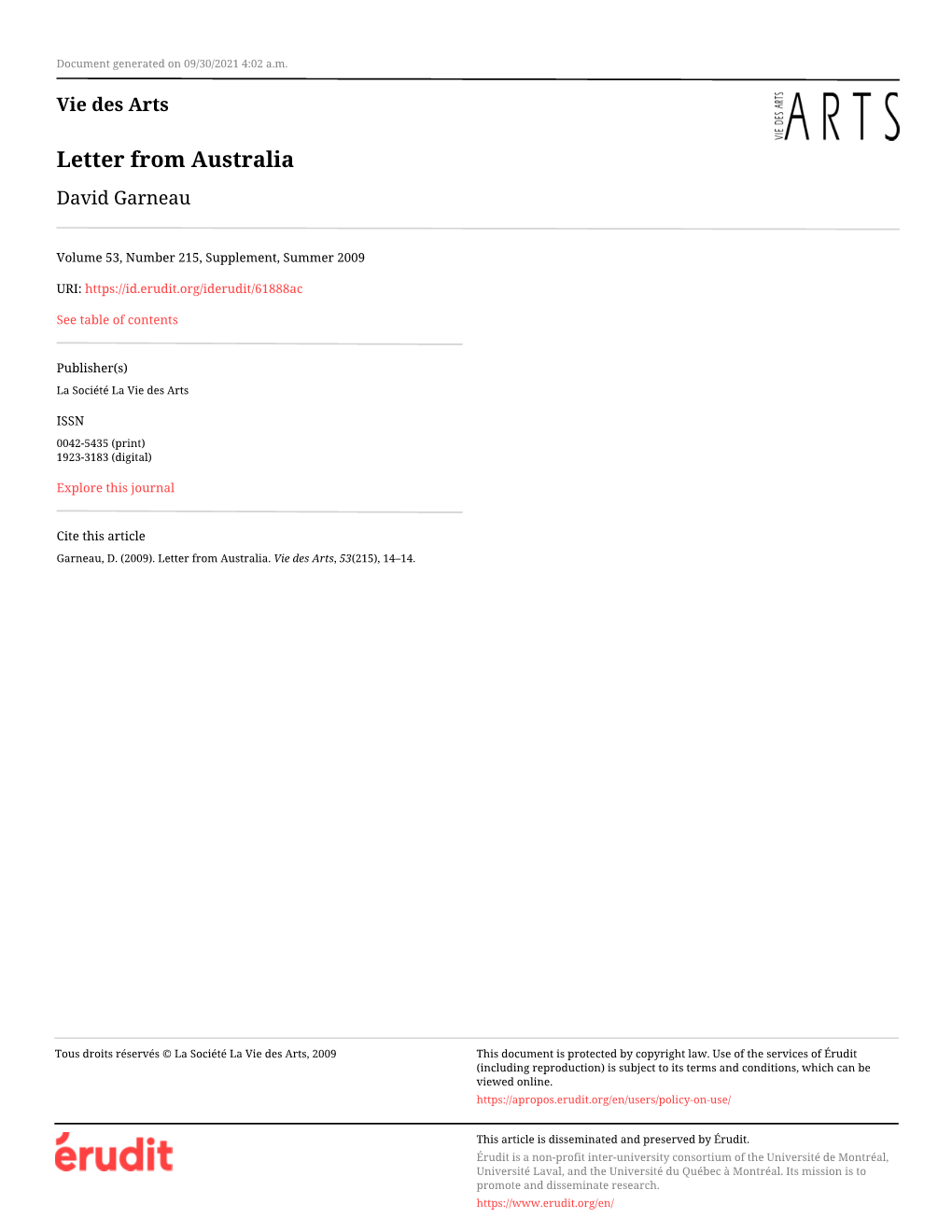 Letter from Australia David Garneau